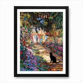 Black Cat Claude Monet Fine Art Print of Garden Path at Giverny, 1902 - Belvedere Museum Vienna Austria in HD for Feature Wall Decor - Fully Restored High Definition with Added Funny Famous Cat Art Print