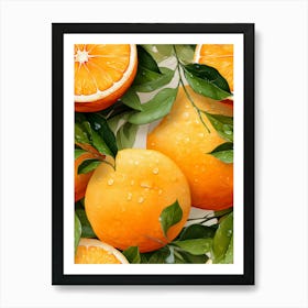 Vibrant Orange Fruit Illustration – Fresh Citrus Art With Dewy Leaves Art Print