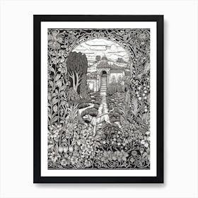 Drawing Of A Dog In Alhambra Gardens, Spain In The Style Of Black And White Colouring Pages Line Art 04 Art Print