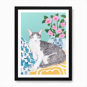 Chat Avec Vase Chinoiserie Affiche pour Salon