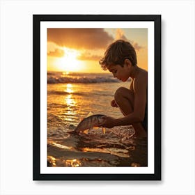 A Young Person Engaging In Play With A Fish Near The Waters Edge On A Sandy Beach Golden Hour Ligh (1) Art Print