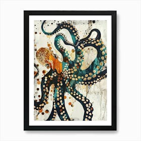 Octopus Painting Gold Blue Effect Collage 2 Art Print