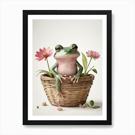 Cute Pink Frog In A Floral Basket (2) Art Print
