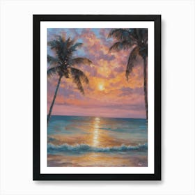 Pastel Sunrise Over Key West Florida - Ocean Coastal Oil Painting Dreamscape With Palm Trees Art Print