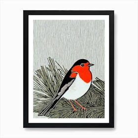 European Robin 2 Linocut Bird Art Print