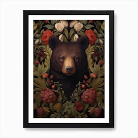 Black Bear Portrait With Rustic Flowers 2 Art Print