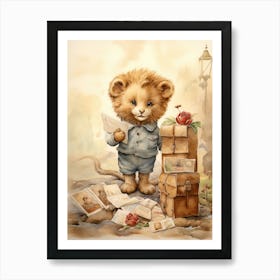 Collecting Stamps Watercolour Lion Art Painting 4 Art Print