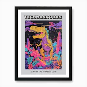 Dinosaur Teal Lilac Cityscape Jurassic Illustration Poster Art Print