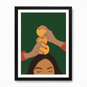 Woman Balancing Lemons On Her Head Art Print