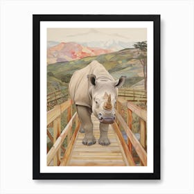 Rhino Crossing A Wooden Bridge With Mountain In The Background 2 Art Print