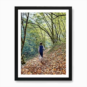 Autumn Walk in the Forest. Walking along a leaf-covered path in a dense forest. The trees are tall and their branches form a canopy overhead, with sunlight filtering through the leaves, creating a serene and picturesque scene. Art Print