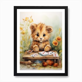 Playing Games Watercolour Lion Art Painting 2 Art Print