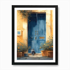 Grey Cat Mediterranean Blue Door Art Print