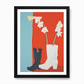 A Painting Of Cowboy Boots With White Flowers, Pop Art Style 6 Art Print