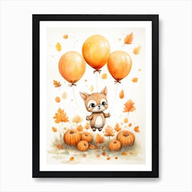 Deer Flying With Autumn Fall Pumpkins And Balloons Watercolour Nursery 1 Art Print