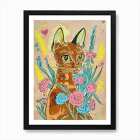 Cute Abyssinian Cat With Flowers Illustration 4 Art Print