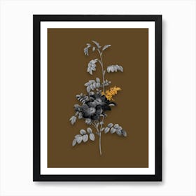 Vintage Alpine Rose Black and White Gold Leaf Floral Art on Coffee Brown n.0956 Art Print