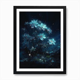 Blue glowing flowers: stars in the dark night 3 Art Print