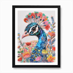 Floral Peacock Portrait Illustration 1 Art Print