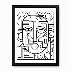 Geometric Face Black & White Line Drawing 2 Art Print