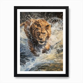 African Lion Crossing A River Acrylic Painting 3 Art Print