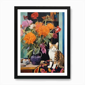 Foxglove Flower Vase And A Cat, A Painting In The Style Of Matisse 3 Art Print