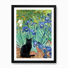 Black Cat Amongst Van Gogh Irises Art Print - Iris Flowers Funny Cat Like Monet in HD Art Print