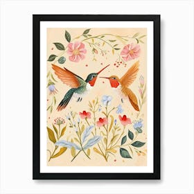 Folksy Floral Animal Drawing Hummingbird 2 Art Print