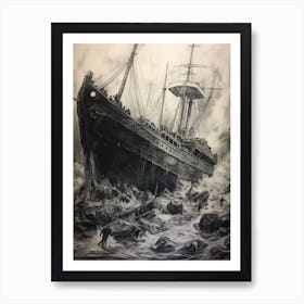 Titanic Ship Wreck Charcoal Sketch 2 Art Print