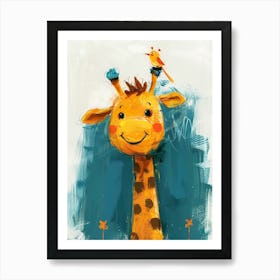 Small Joyful Giraffe With A Bird On Its Head 15 Art Print