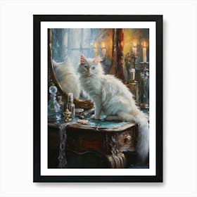 White Cat On Vanity Table Rococo Inspired Painting Art Print