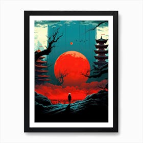 Asian Landscape with a Red Full Moon and Pagoda Art Print