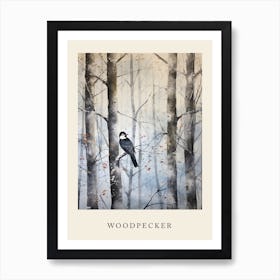 Winter Watercolour Woodpecker 3 Poster Art Print