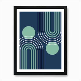 Mid Century Modern Geometric B26 In Navy Blue And Greenery (Rainbow And Sun Abstract) 01 Art Print