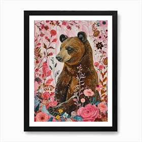 Floral Animal Painting Brown Bear 3 Art Print