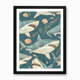 Blue Largetooth Cookiecutter Shark Illustration Pattern Art Print