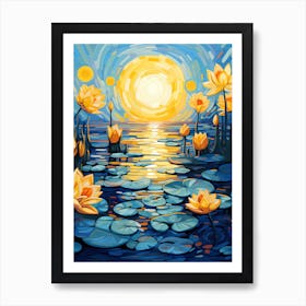 Golden Lotus Flower Sunrise, Vincent Van Gogh Inspired Art Print