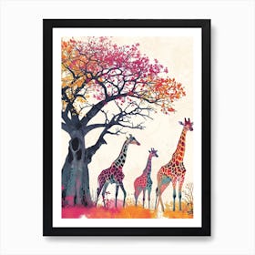 Giraffe Herd Under The Tree Watercolour 3 Art Print