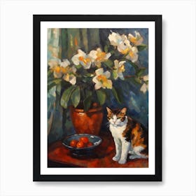 Flower Vase Camellia With A Cat 1 Impressionism, Cezanne Style Art Print