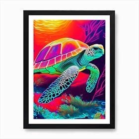 A Single Sea Turtle In Coral Reef, Sea Turtle Andy Warhol Inspired 1 Art Print