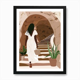 Woman In White Walking Down The Stairs Art Print