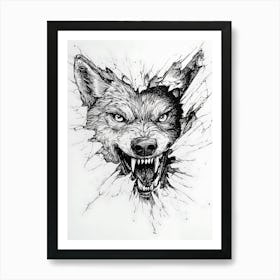 Angry Wolf Watching from Wall Hole Art Print