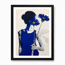 Woman Witha A Daisy Blue Botanical Illustration Affiche