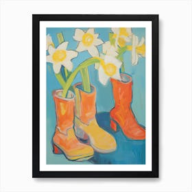 A Painting Of Cowboy Boots With Daffodil Flowers, Pop Art Style 4 Art Print