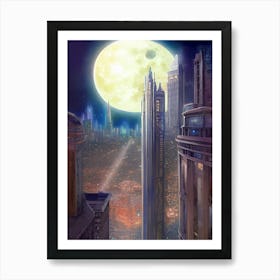 Artwork Outdoors Night Moon Full Moon Trees Setting Scene Moonlight City Futuristic Downtown Sci Fi Buildings Cityscape Skyscrapers Fantasy Gothic Background Town Architecture Art Print