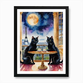 Watercolor Black Cat Friends Have Tea in Paris on a Full Moon Art Print