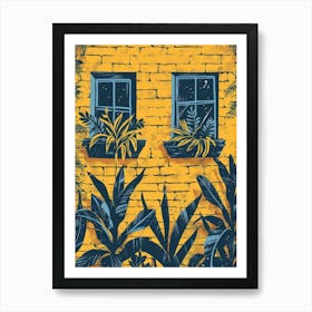 Yellow Brick Wall With Windows And Plants Art Print