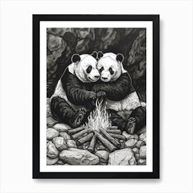 Giant Pandas Sitting Together By A Campfire Ink Illustration 2 Art Print