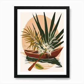 Tropical Boat With Palm Leaves Art Print