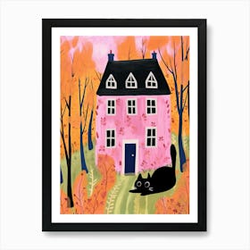 Black Cat Playing And Pink House Art Print